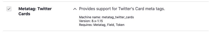 twitter card module in drupal shown on the extend page