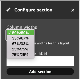 two column widths option dropdown UI