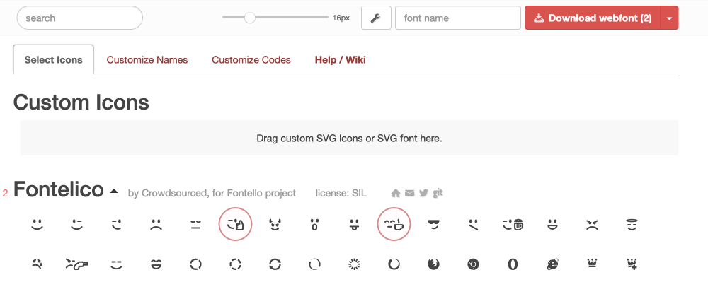 fontello's easy to use UI with icons selected and drop area for custom UI fonts
