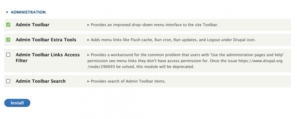 Drupal admin toolbar module and sub-modules on the extend page