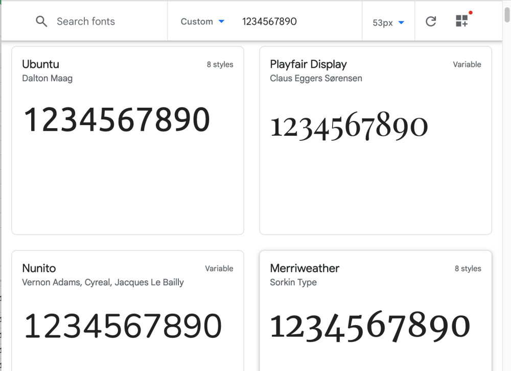 google fonts UI showing various fonts with old style numbers font variant