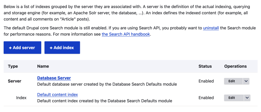 search api dashboard with default settings for server and index