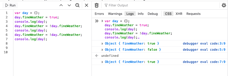 firefox console showing the former code output