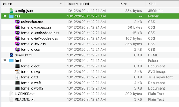 icon font directoty contents from Fontello donwload