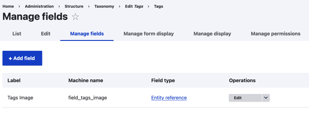 taxonomy term entity type manage fields page with tabs for management of display and form display