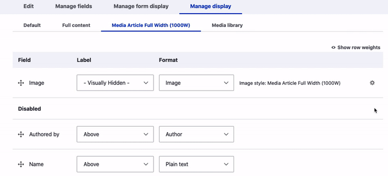 manage display of the Drupal media image custom view mode