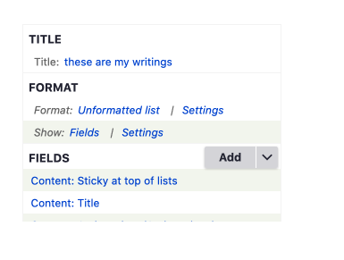 drupal views edit UI showing format setting set to Show fields