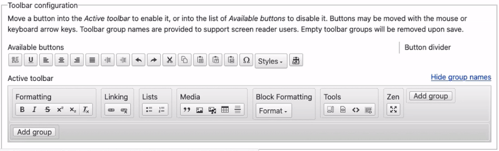 adding lthe link button to ck editor active toolbar in drupal 9