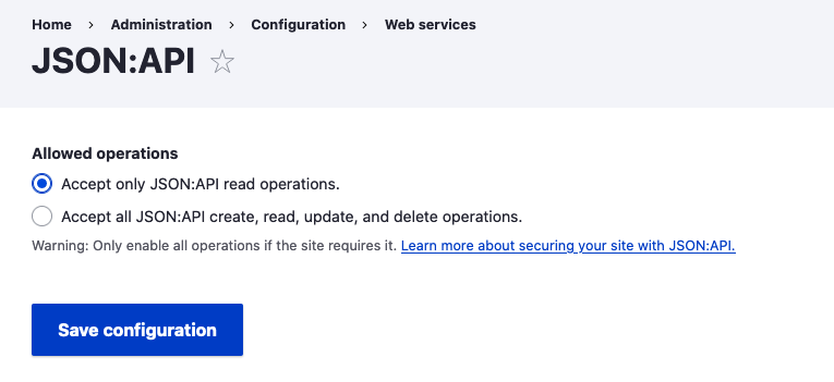 Drupal JSON:API access configuration page