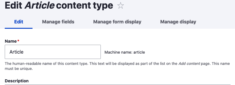edit from article content type in Drupal showing machine name