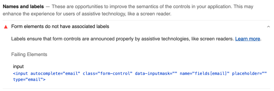 inputs names and labels don't match warning for form optimization