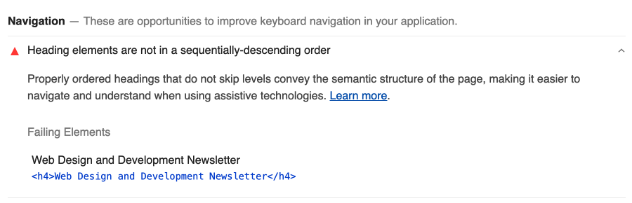 heading being out of sequentially descending order from a Lighthouse site audit