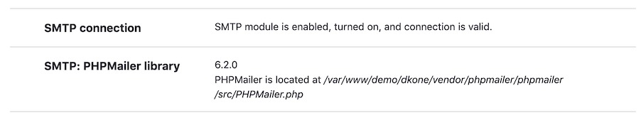 SMTP status on the Drupal status report page