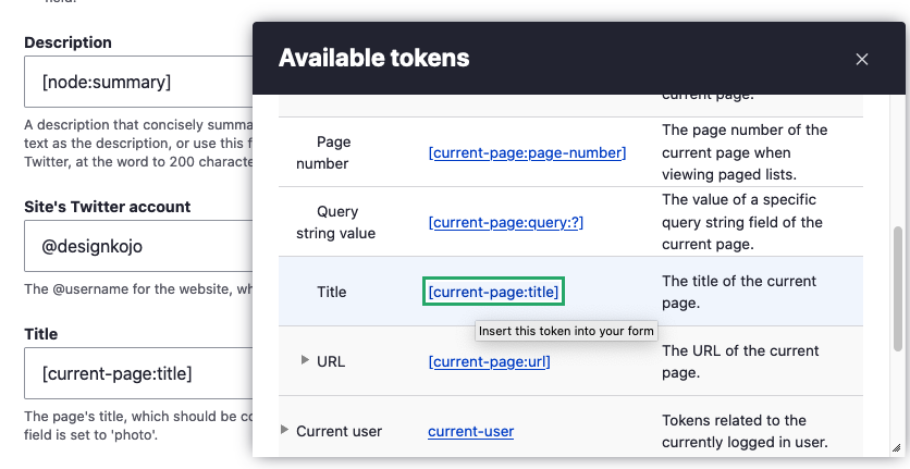 drupal token module shown populating meta tags for twitter cards