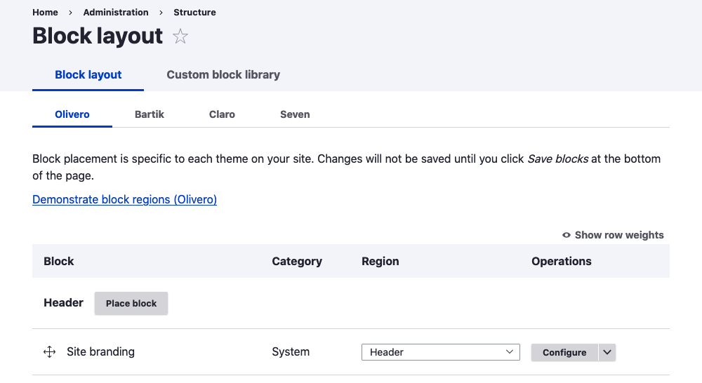 block layout page drupal 9 with demonstrate block regions link