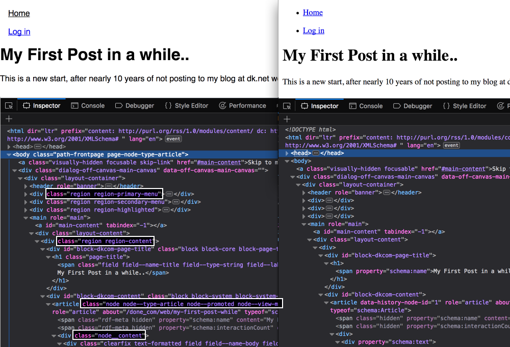 drupal classy theme and stable side by side markup comparison
