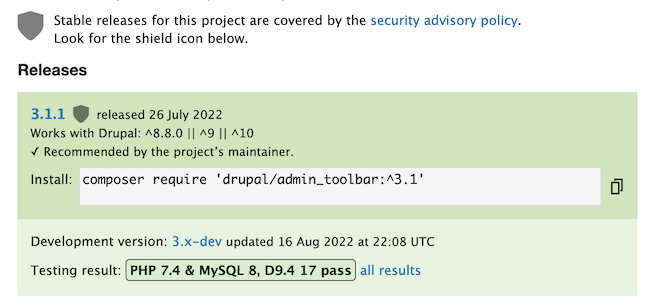 drupal module with a stable release shield from the Drupal security team