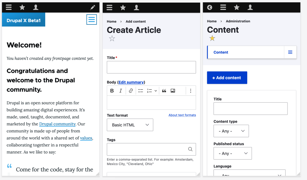 mobile screens of drupal 10 out of the box install