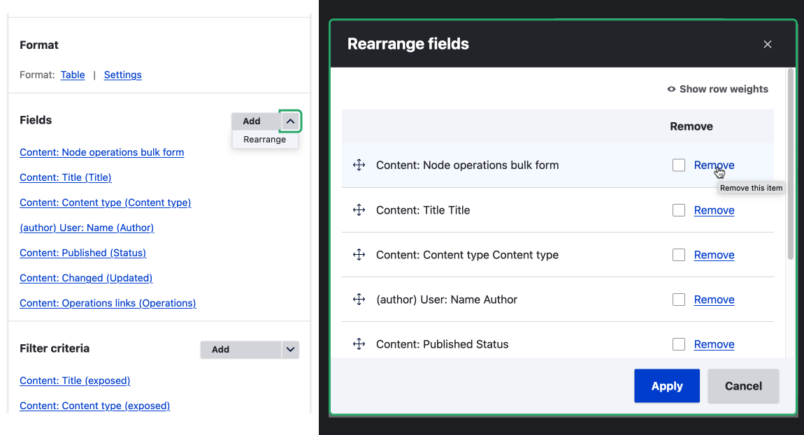 views UI for remove field sktch; views main UI and rearrange modal