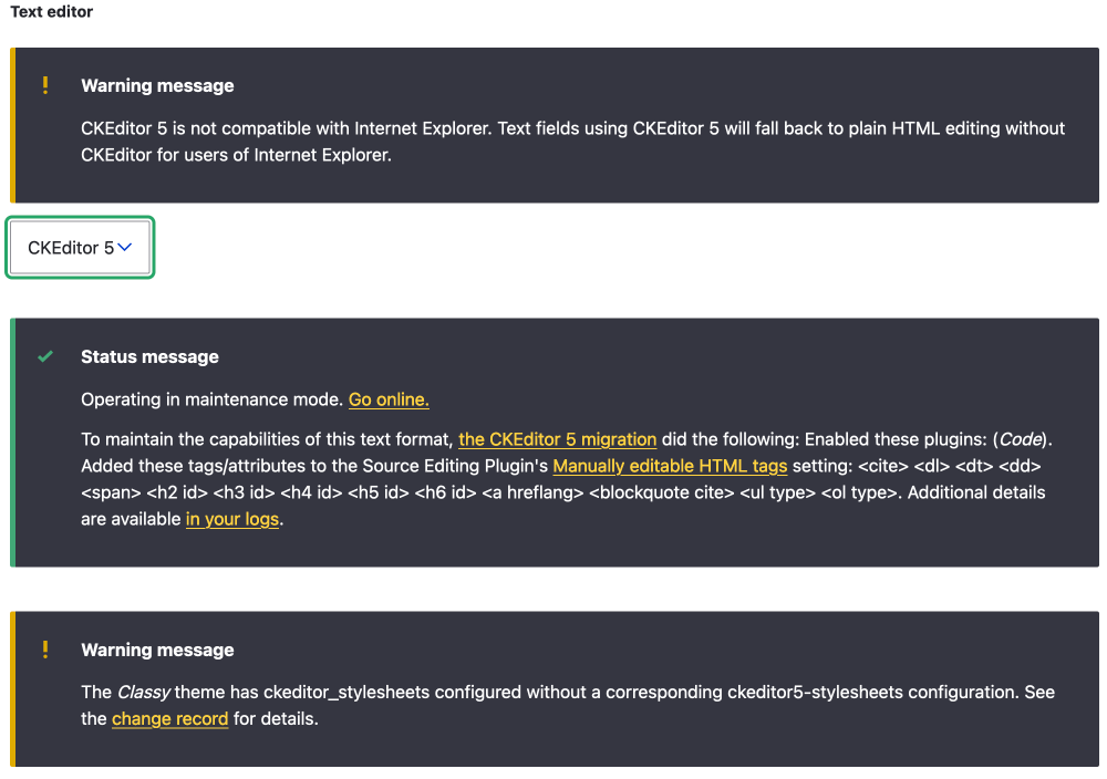 CKEditor 5 upgrade messages on text format page drupal