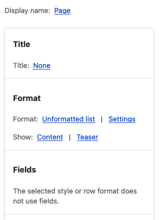 title, format, and field section in Drupal views settings UI