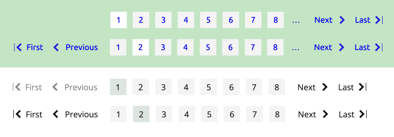 pager versions before and after twig template modifications to add non-active prev and next links