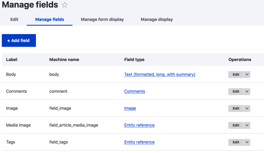 manage field page with add feild button and field, Drupal 9 with Claro theme 2020