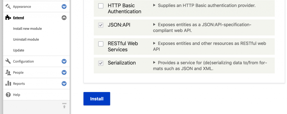 drupal extend page in the backend administration.