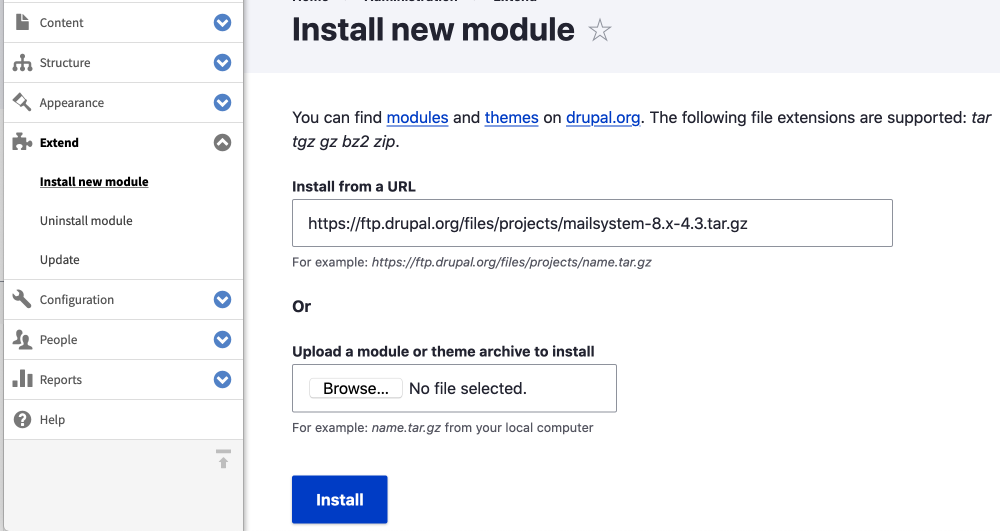 drupal 9 install a module from url UI