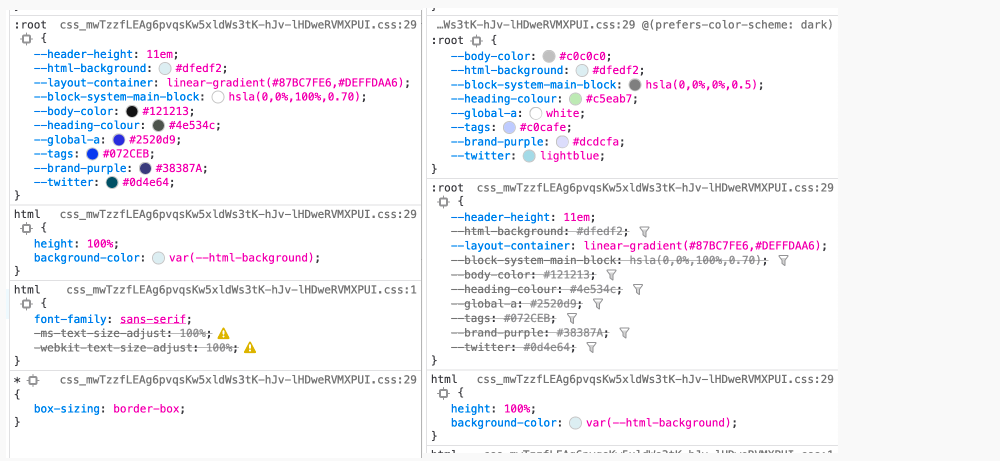 :root selector, custom properteis and prefers color scheme example