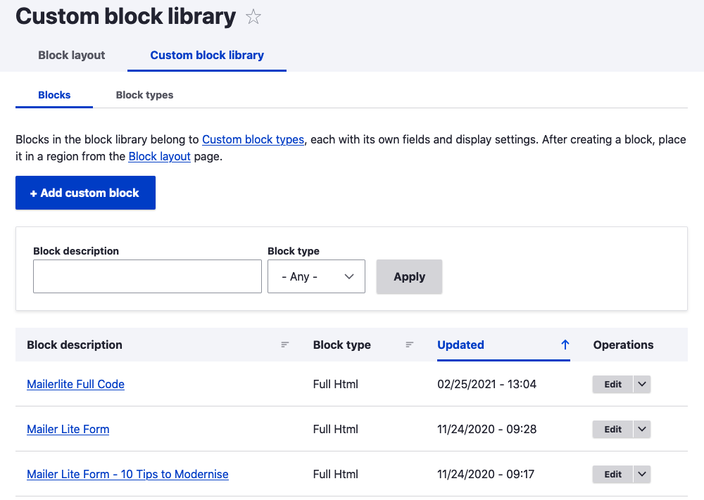 custom block library page in drupal 9