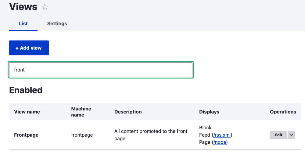 drupal view overview page showing block display and edit button