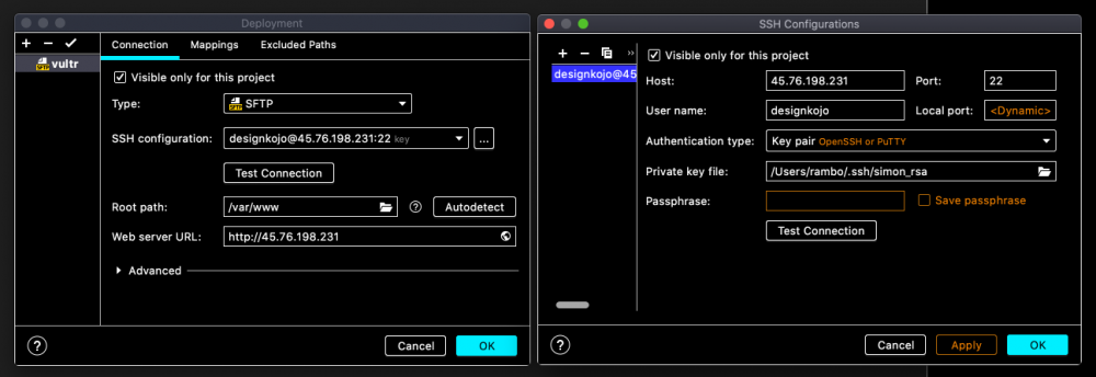 PHP storm IDE deployment dialog with SSH SFTP keypair