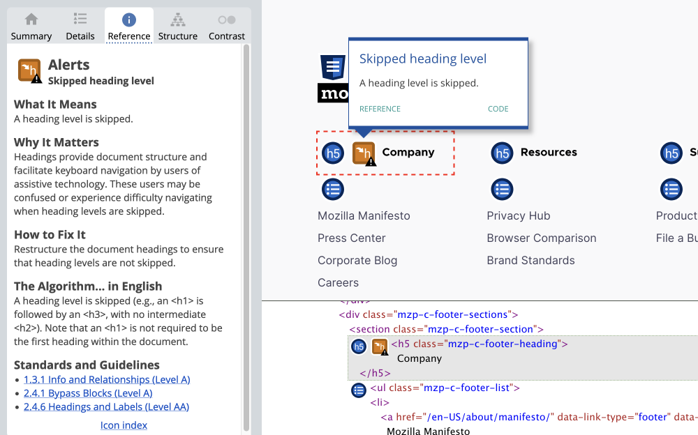 WAVE Web Accessibility Evaluation Tool showing skipped heading level