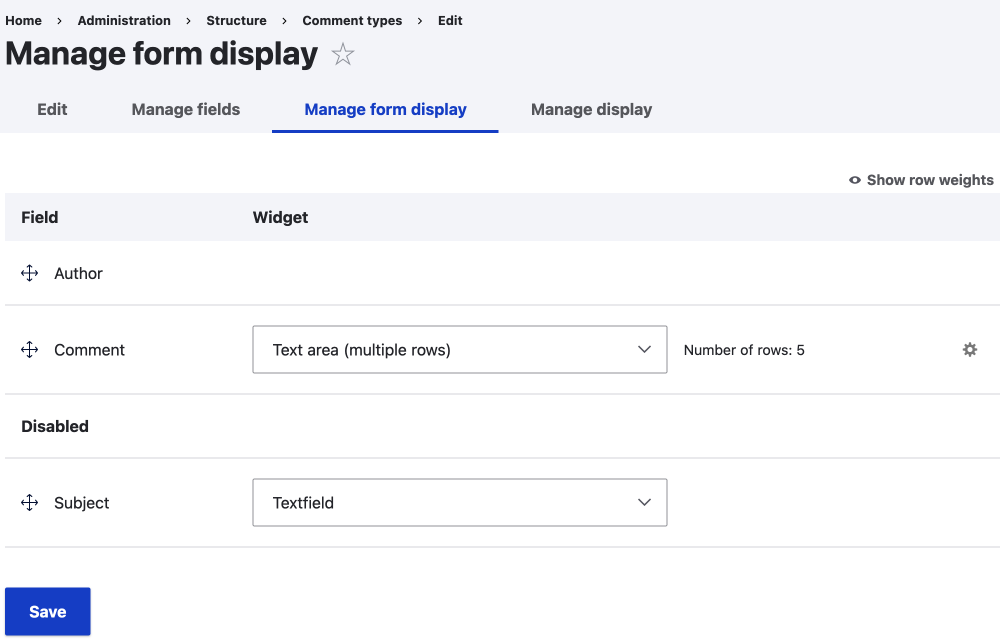 comments entity type mananage form display