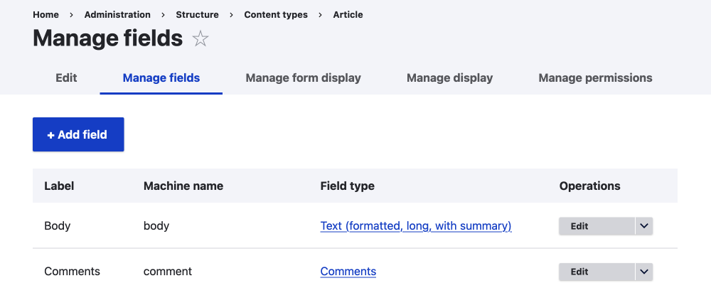 content type management page UI　tabs