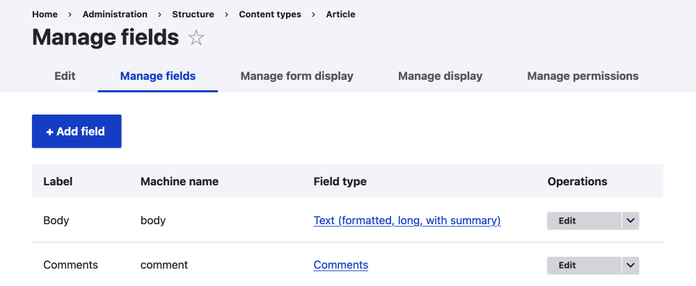 content type management page UI tabs