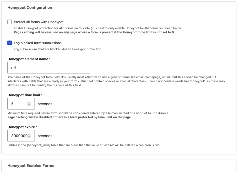 drupal honeypot module configuration page