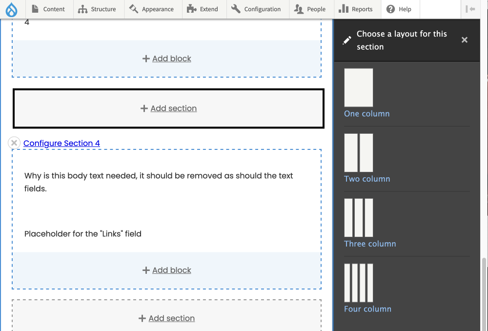 drupal layout builder UI showing adding a section