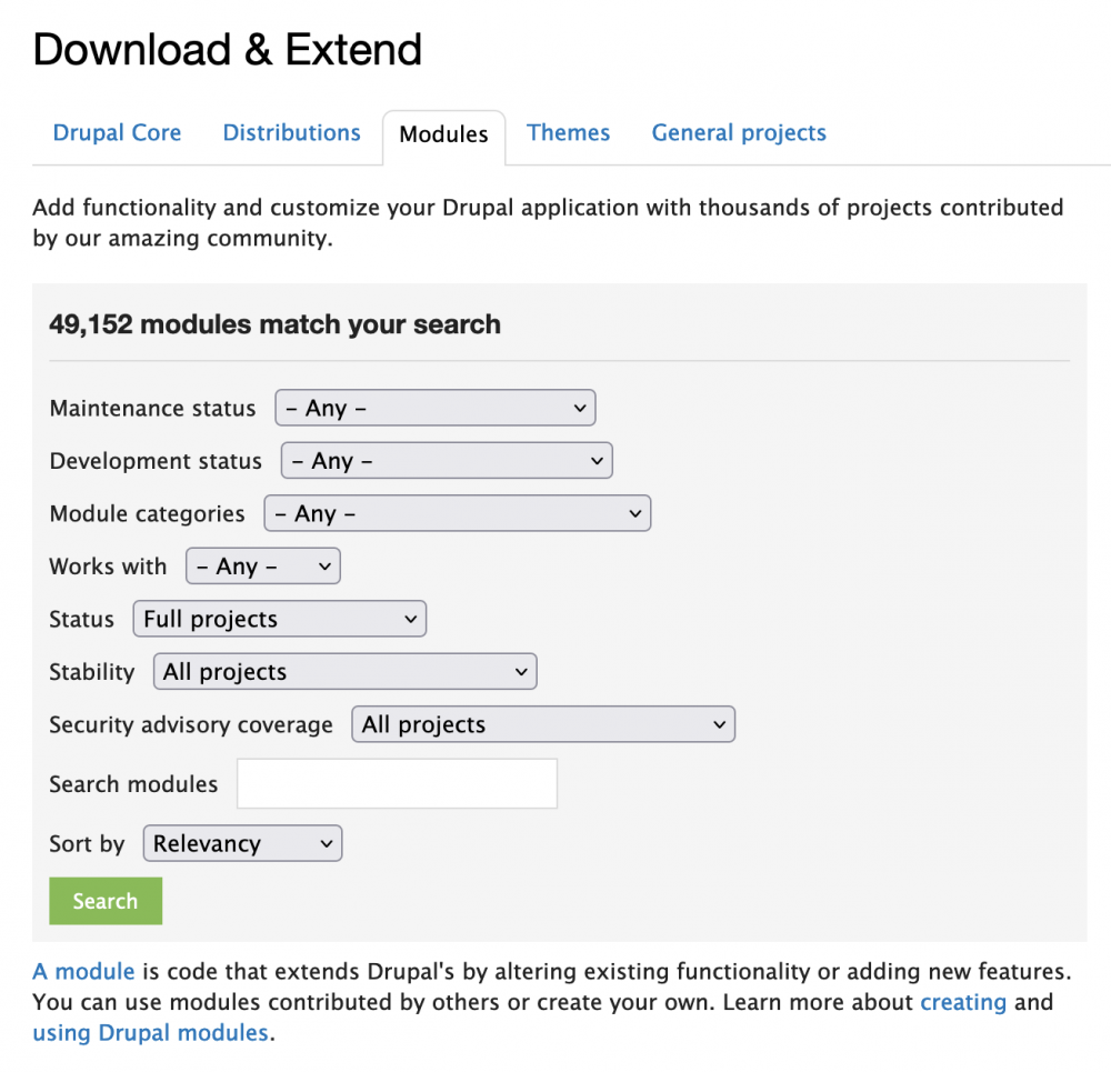 drupal.org modules download and extend page