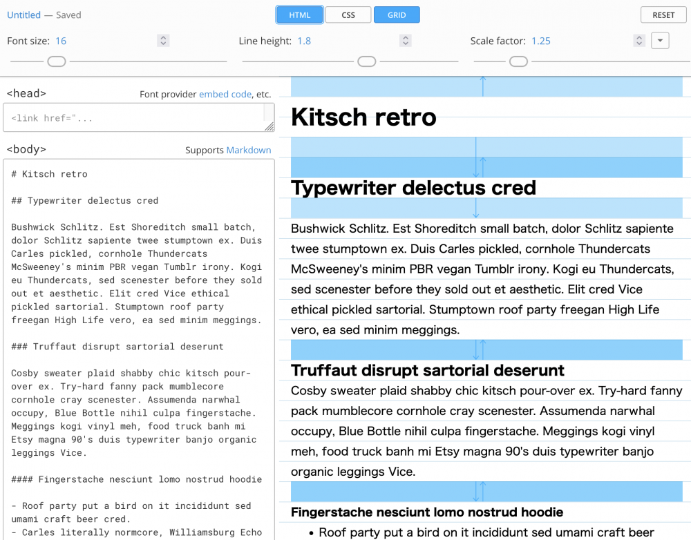 screen capture of gridlover with a typescale and line-height shown with a visual overlay