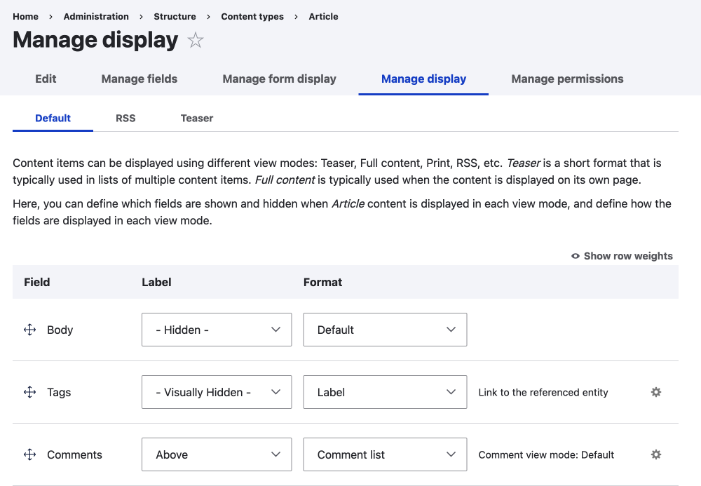 manage display interface in Drupal showing a few field with possible settingss