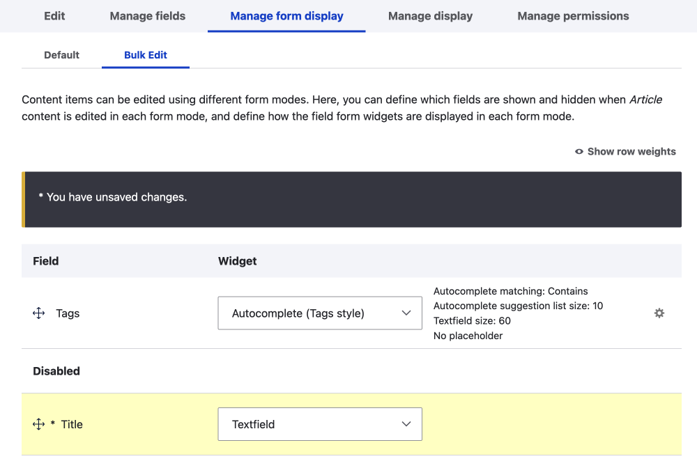 manage form display showing the custom bulk_edit form mode