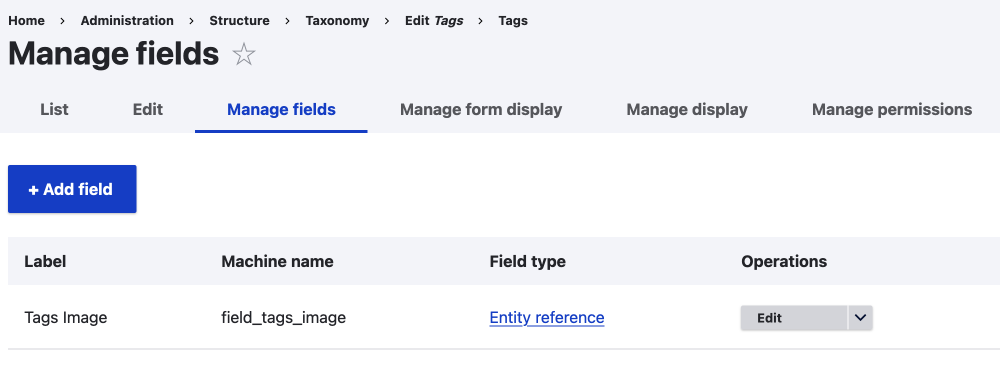 taxonomy term entity type manage fields page with tabs for management of display and form display