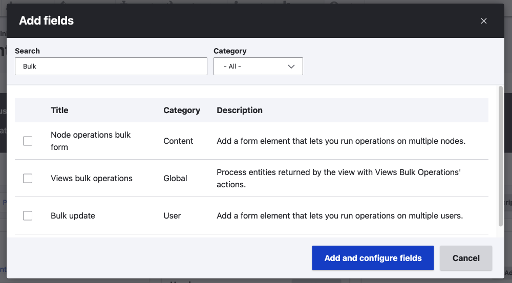 views bulk operation global field selection using the add field modal from Drupal views