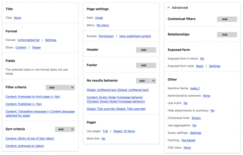 Drupal Views interface shwoing the default frontpage display settings