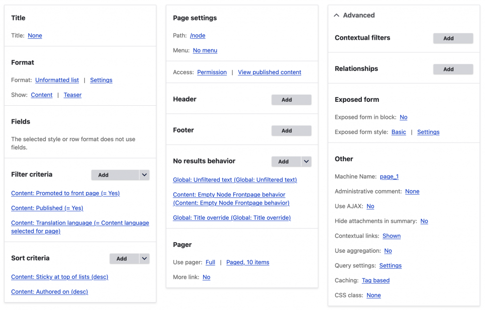 Drupal Views interface shwoing the default frontpage display settings 