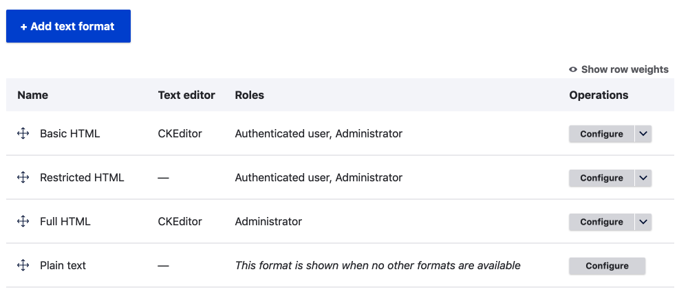 drupal text formats overview page