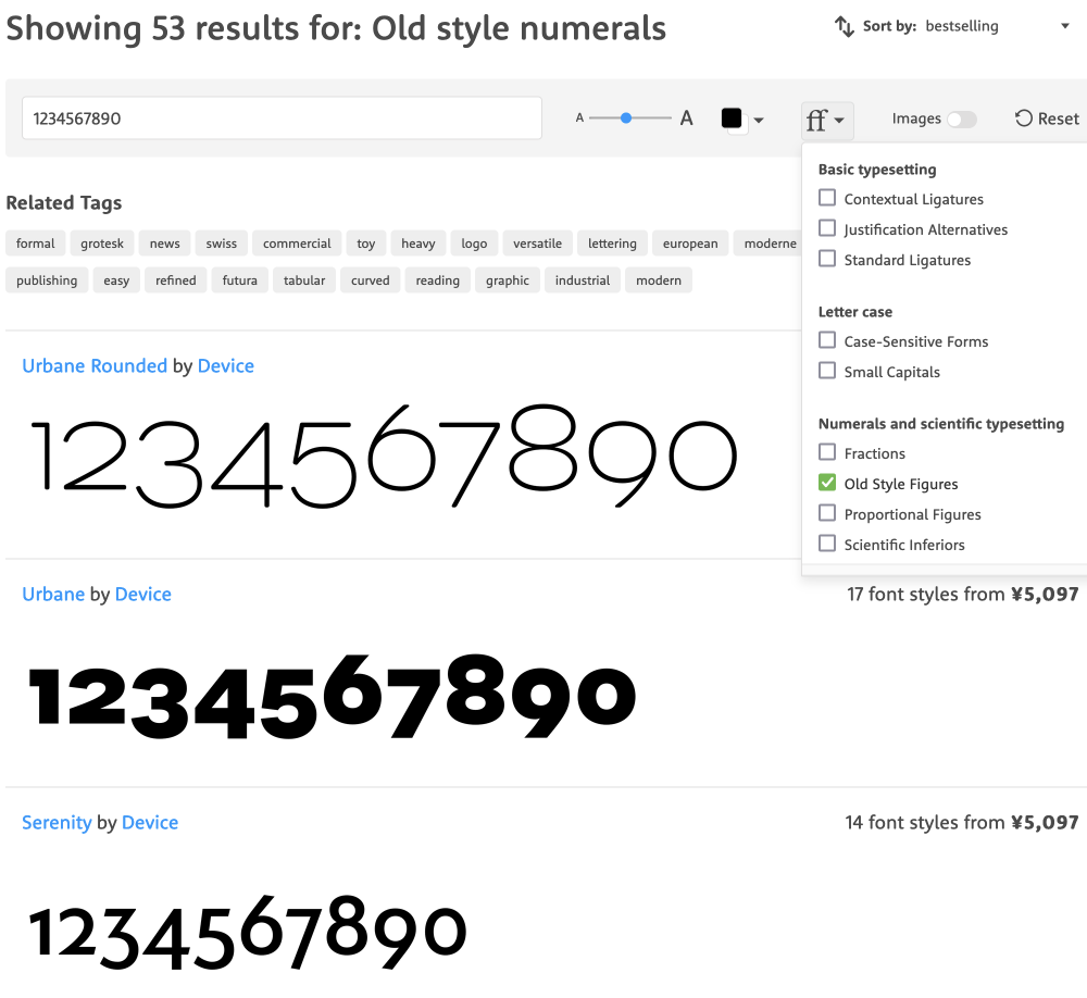 an example of my fonts website search results filter by old syle figure showing number 1234567890
