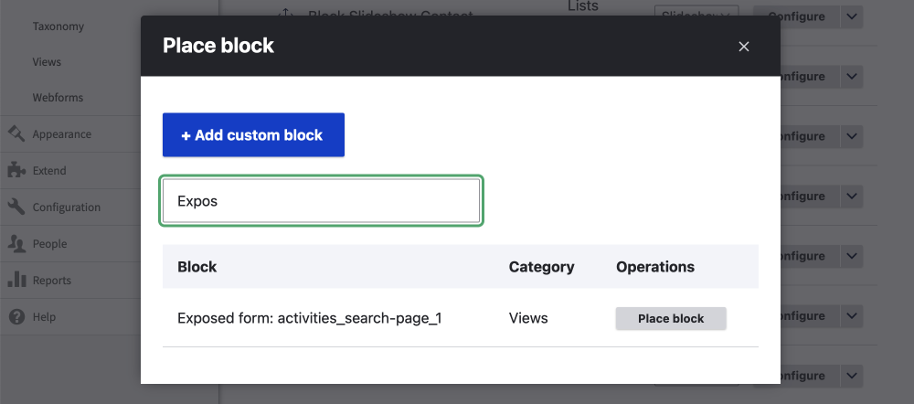 the UI ofr placing a block in Drupal, exposed filter example.